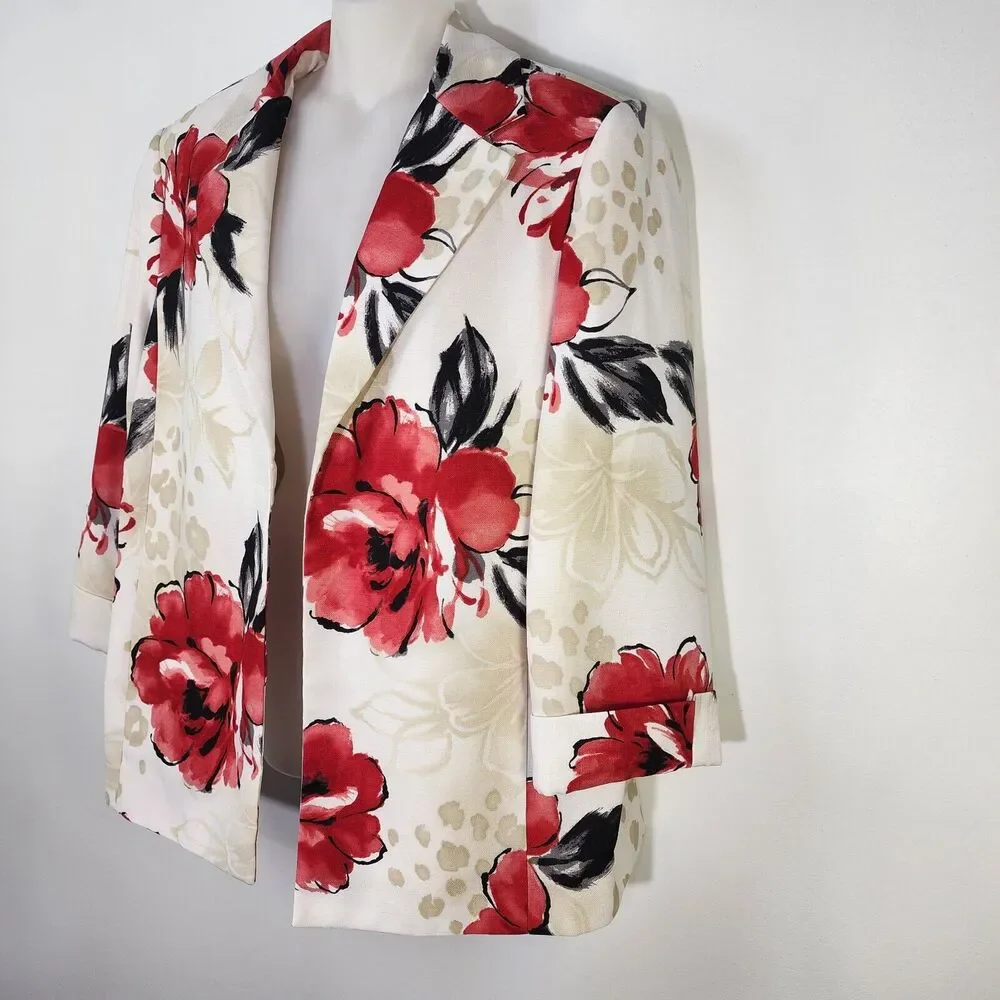 Alfred Dunner Women’s Blazer Size 12 3/4 Sleeve Floral Open Front Pockets Lined